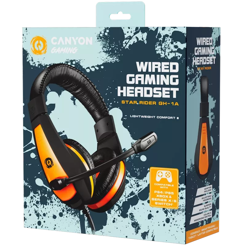 CANYON Star Raider GH-1A, auriculares gaming jack 3,5 mm con micrófono ajustable y control de volumen, con adaptador 2 en 1 de 3,5 mm, cable 2 m, negro, 0,23 kg
