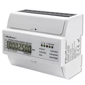 Contador electrónico bidireccional trifásico Qoltec | Contador de consumo eléctrico para carril DIN | 400V | 100A | LCD | 4P