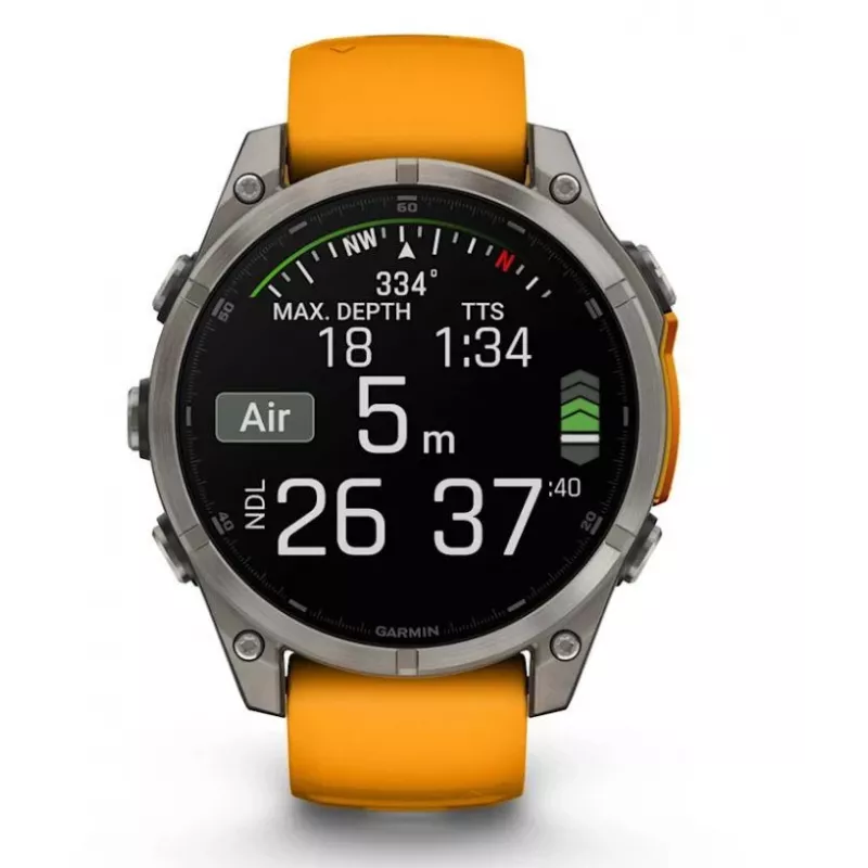 Garmin fenix 8 AMOLED Sapphire 47 mm reloj inteligente GPS, pantalla táctil de 3,56 cm (1,4") 454 x 454, Wi-Fi, titanio, correa de silicona Spark Orange/Graphite, grafito