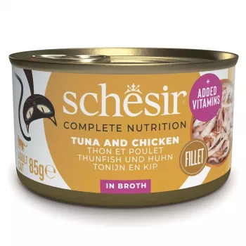 SCHESIR en agua de cocción Atún con pollo y arroz - Comida húmeda para gatos - 85 g
