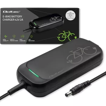 Cargador para e-bike QOLTEC 50332 — salida 36V/42V, 2A, conector 5,5×2,1 mm