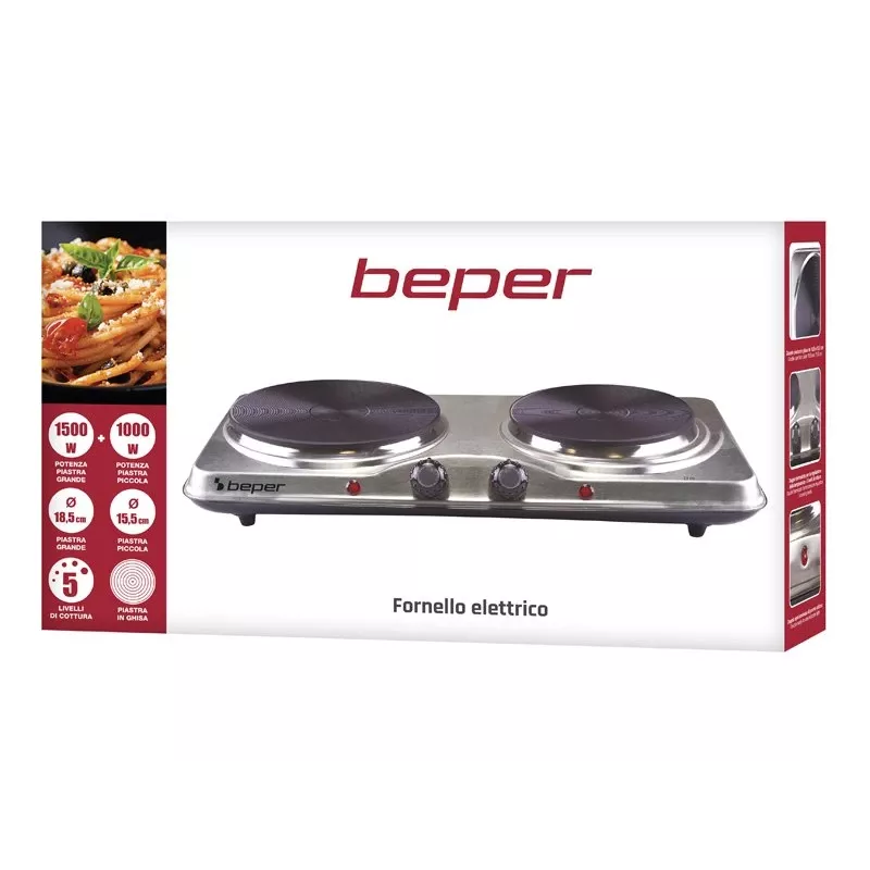 Beper 90.825 superficie de cocción de acero inoxidable, 2 zonas, control manual