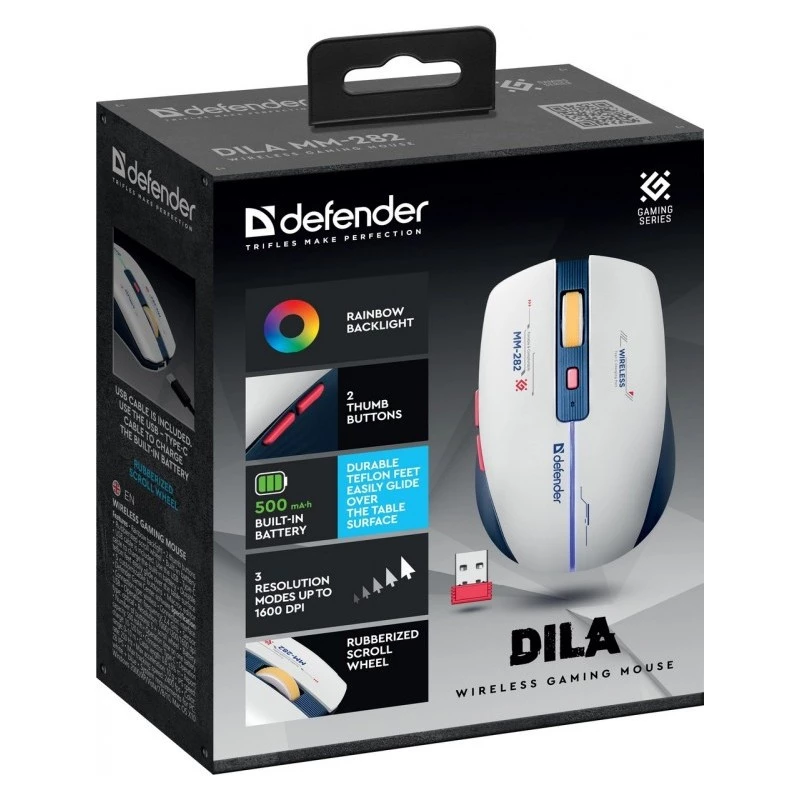 Ratón gaming inalámbrico DEFENDER MM-282 RF — ambidiestro, óptico 1800 DPI, 5 botones, USB, a pilas