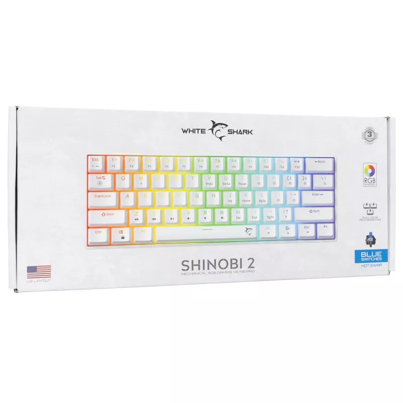 Teclado mecánico con cable White Shark Shinobi-2 (GK-004221) — switches azules, blanco, distribución US