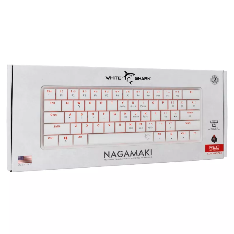Teclado mecánico White Shark Nagamaki GK-006211 — diseño compacto, interruptores mecánicos Red, carcasa blanca