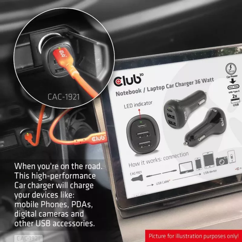 Cargador de coche para portátil CLUB3D 36 vatios, Coche, Mechero, 24 V, Negro