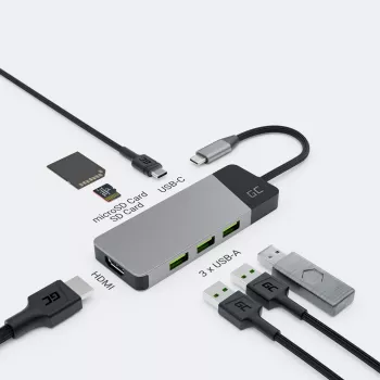 Hub USB Type-C Verde Cell HUBGC01 — 7 conexiones: 3×USB‑A 3.2 Gen 1, 1×USB‑C 3.2 Gen 1, HDMI, lector de tarjetas microSD+SD — Plata