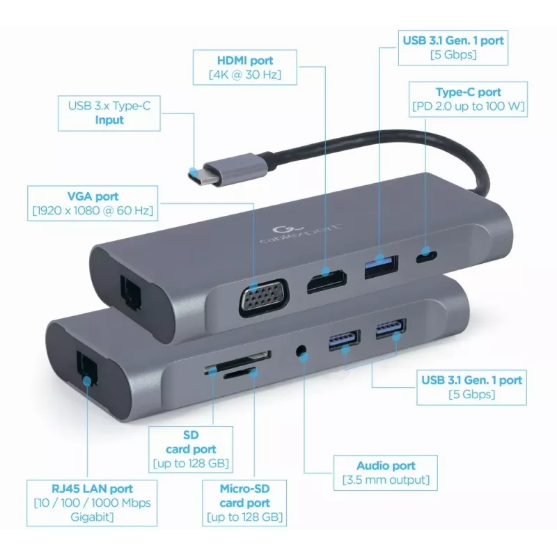 Dock/replicador de puertos para portátil Gembird A-CM-COMBO7-01 USB 3.2 Gen 1 (3.1 Gen 1) Type-A gris