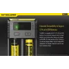 Cargador de baterías Nitecore NEW i2 — cargador de 2 canales para LiFePO4, Li-Ion, NiMH; entrada 100–240V; salida 9–12V; compatible con AAAA/C/D/AAA/AA; negro
