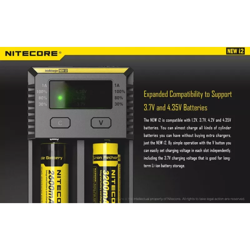 Cargador de baterías Nitecore NEW i2 — cargador de 2 canales para LiFePO4, Li-Ion, NiMH; entrada 100–240V; salida 9–12V; compatible con AAAA/C/D/AAA/AA; negro