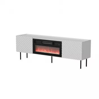 Mueble TV cama meble LUCCA 180x40x59 cm, superficie y marco blancos, chimenea eléctrica negra