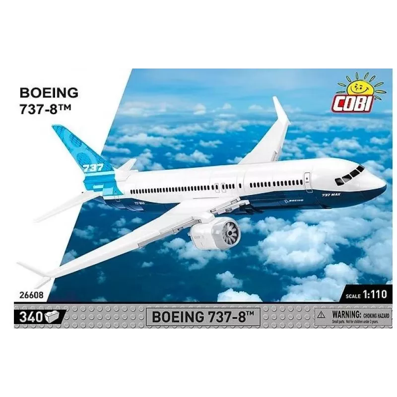 Set de construcción Cobi Boeing 737-8 — 340 piezas, edad recomendada 7+, azul y blanco