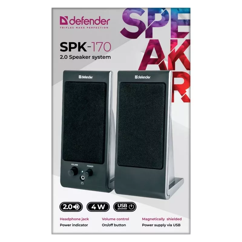 Altavoces de escritorio/estantería DEFENDER SPK-170 2.0, 4 W RMS, USB 5 V con cable, 3,5 mm, negro