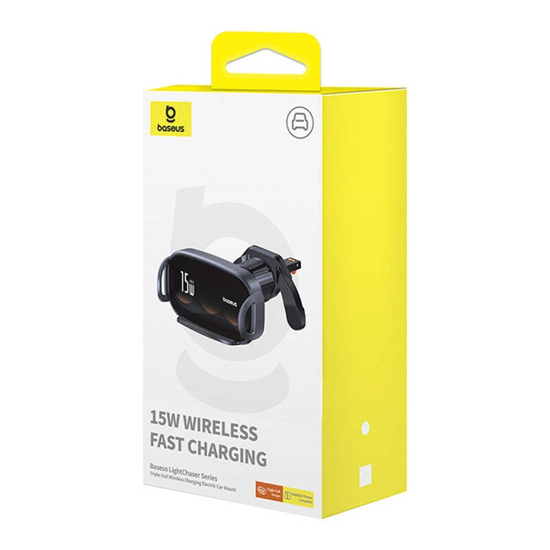 Baseus LightChaser BS-CM029 Soporte de coche para teléfono con carga inalámbrica de 15 W para rejilla de ventilación, negro