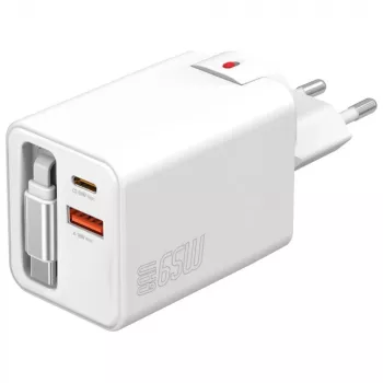 Cargador rápido USB-C/USB-A de interior 4smarts 541065 — Universal AC 100–240V, Max 20V, cable de 0,7 m, blanco