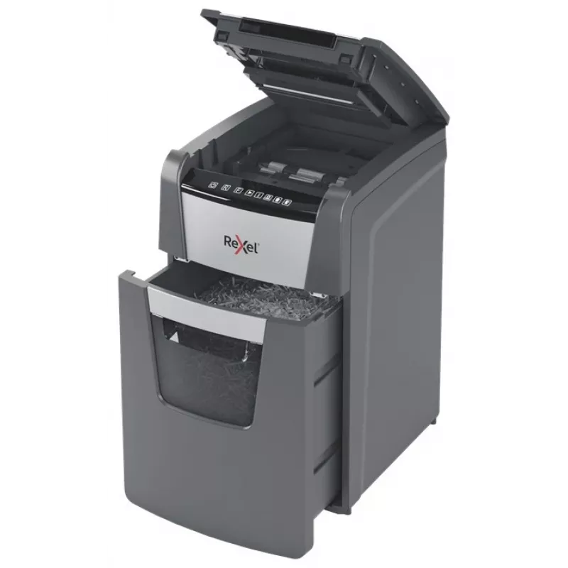 Destructora de papel Rexel Optimum AutoFeed+ 130X corte cruzado 55 dB 22 cm negra, plateada