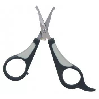 Tijeras de aseo para mascotas Trixie 2360 — hojas de acero inoxidable, puntas redondeadas, ambidiestras, mango antideslizante en negro/gris