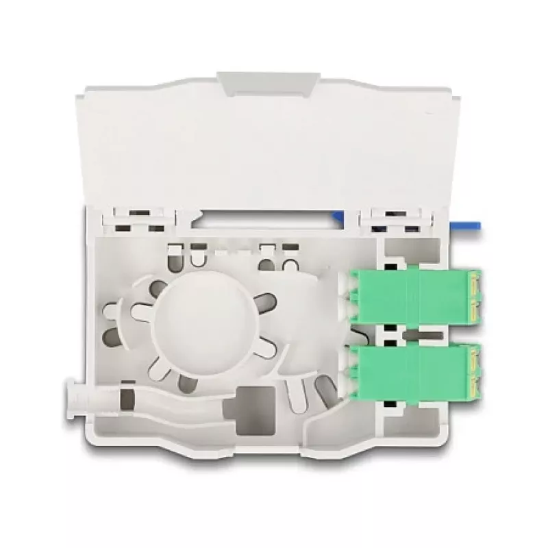 Delock 88098 Caja de conexión de fibra óptica para carril DIN con soporte de empalmes, 4x LC Duplex
