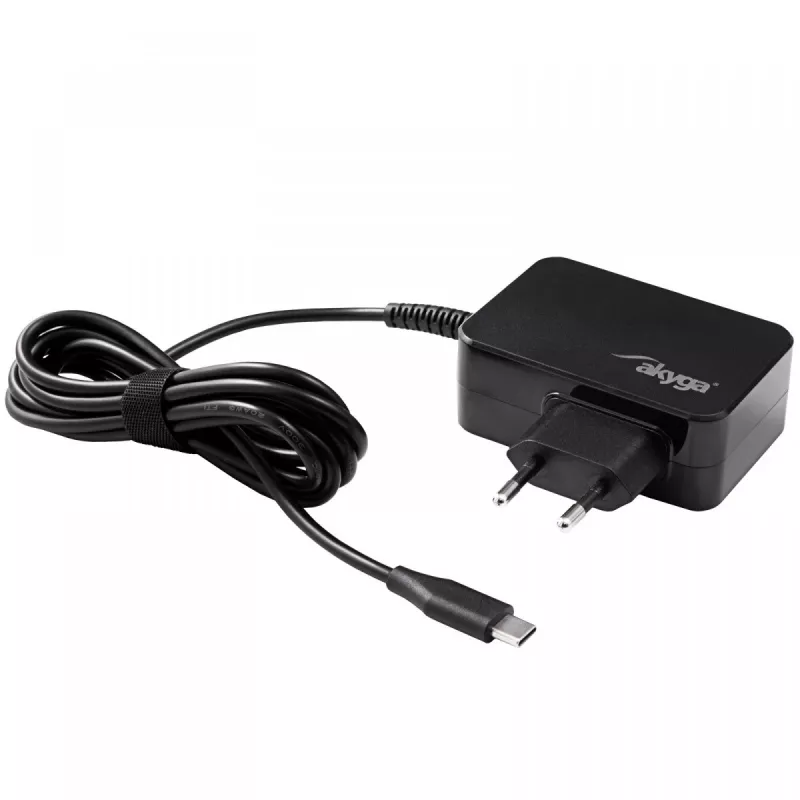 Fuente de alimentación para portátil USB-C GaN Akyga AK-ND-80 45 W, PD 3.0, 5–20 V, cable de 1,8 m, negro