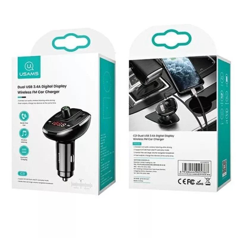 USAMS US-CC115 C21 Transmisor FM para coche con cargador USB doble, Bluetooth 5.0, 3,4 A, negro