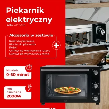 Horno eléctrico Adler AD 6028 — 60 l, 2000 W, independiente, mandos giratorios, asador giratorio, máx. 230 °C, negro