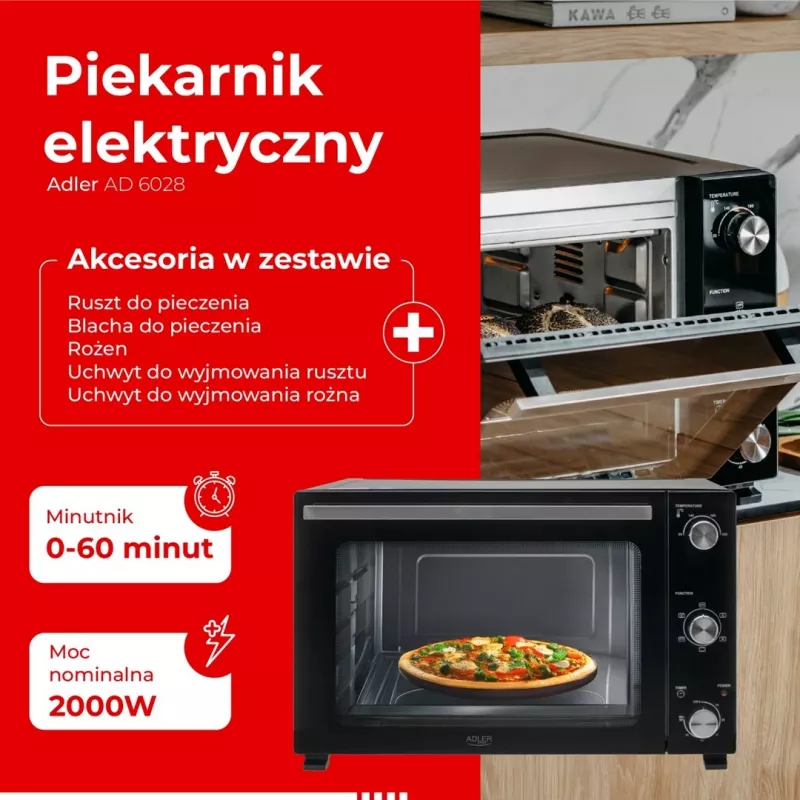 Horno eléctrico Adler AD 6028 — 60 l, 2000 W, independiente, mandos giratorios, asador giratorio, máx. 230 °C, negro