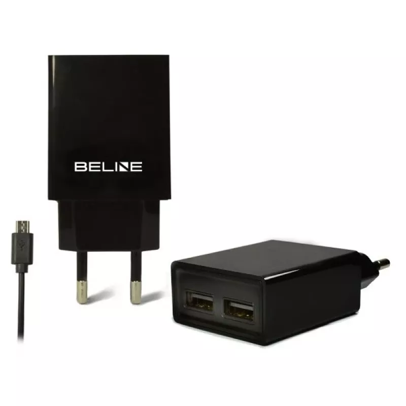 Cargador de viaje Beline Beli0011 — 2 puertos USB, cable microUSB, salida 2A, negro