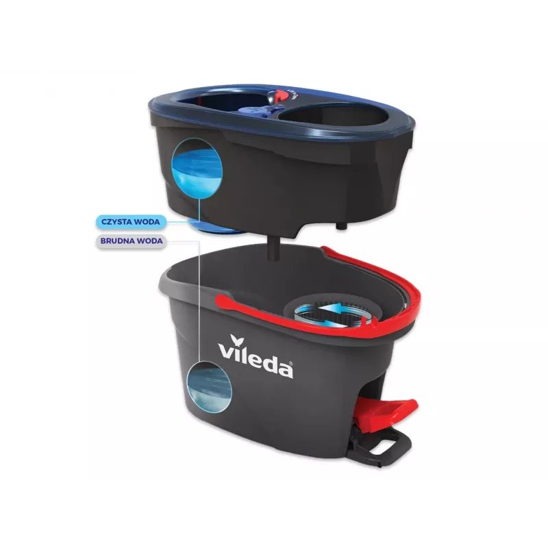 Vileda H2PrO Spin Mop set, fregona rotativa con sistema de dos depósitos y mango telescópico, microfibra, negro/rojo/azul
