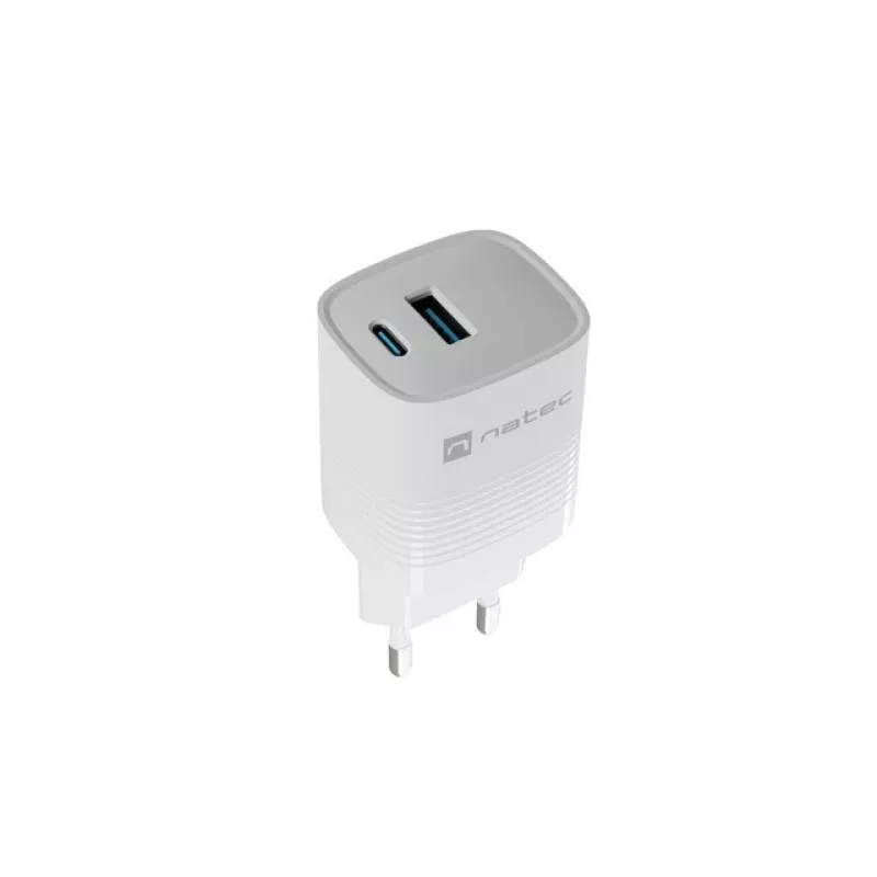 Cargador con cable para dispositivos móviles NATEC NUC-2140, 30W, USB-C PD 3.0 + USB-A, Samsung AFC, blanco