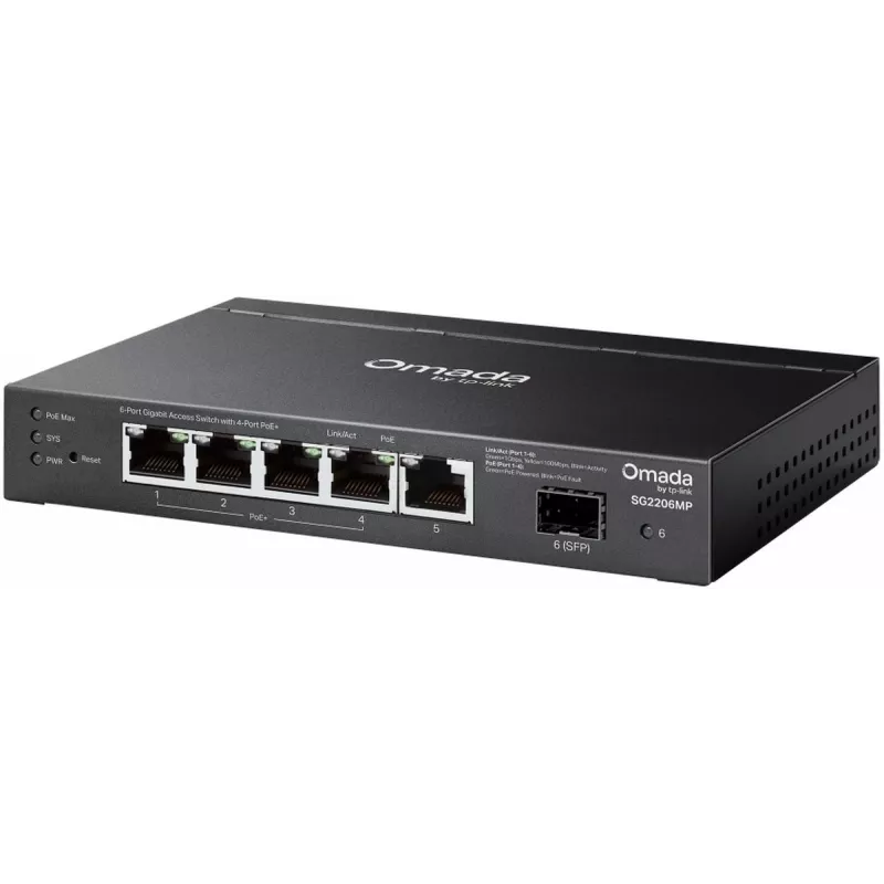 Switch de red TP‑LINK SG2206MP L2 Gigabit Ethernet PoE 5 puertos (5x Gigabit, 1x SFP, PoE+ 4 puertos, presupuesto 63W)