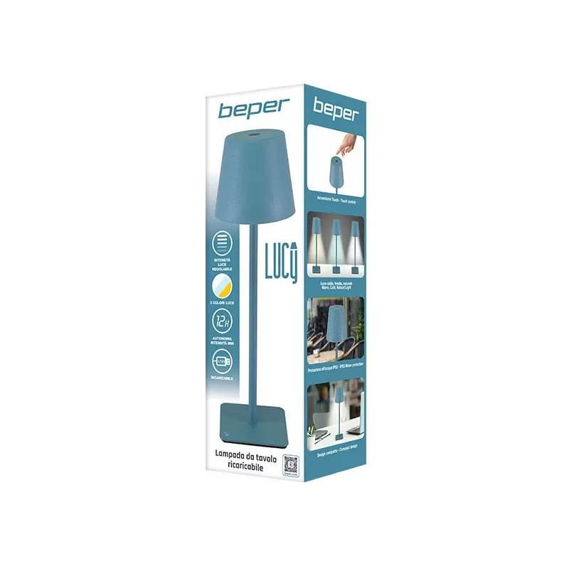 Beper P207ILI200 lámpara de mesa LED recargable, interruptor táctil, regulable, azul pizarra