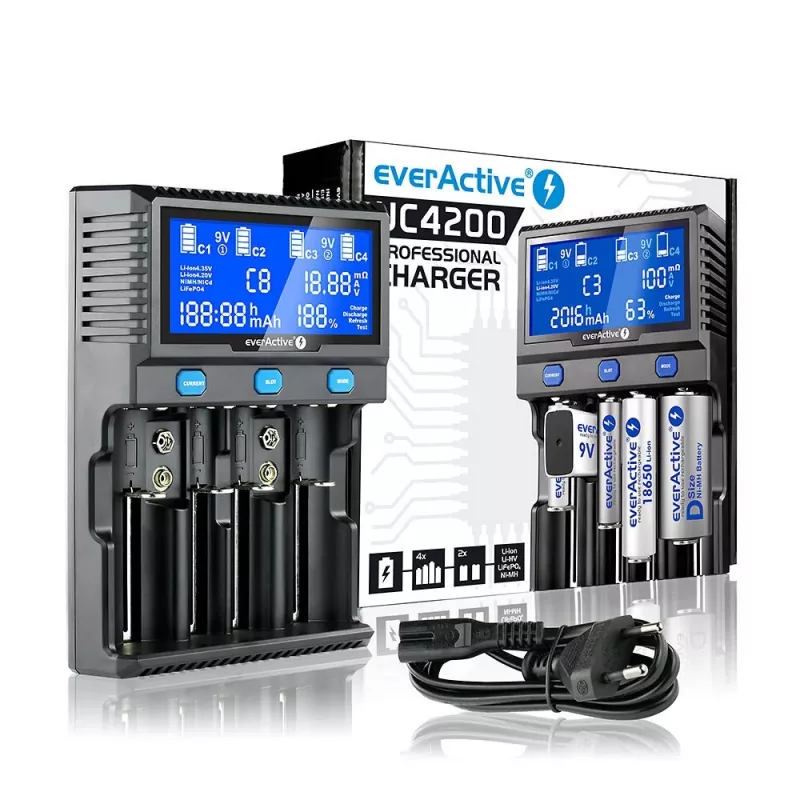 Cargador everActive UC-4200 para baterías cilíndricas Li-ion y Ni-MH