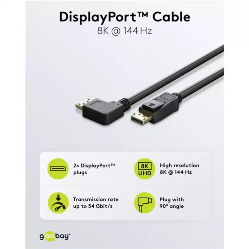 Cable DisplayPort macho 90° > DisplayPort macho, 8K / 144Hz (Negro, 2 metros, 1 macho 90° en ángulo lateral, 54 Gbit/s, DisplayPort 2.0 / 2.1)