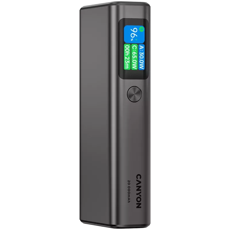 Canyon OnPower 230 TFT batería externa, 20000 mAh, PD 130 W, 2x USB-C + USB-A, carcasa de metal, gris oscuro