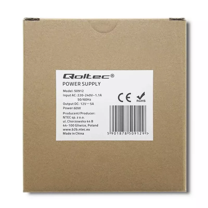 Qoltec Fuente de alimentación para carril DIN | 60W | 12V | 5A | Blanco | perfil bajo