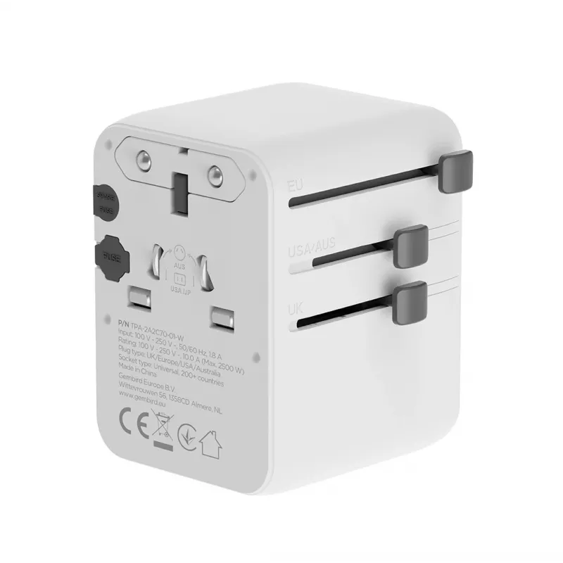 Gembird TPA-2A3C70-01-W adaptador de corriente de viaje universal, 3x USB-C, 2x USB-A, 70 W, GaN, blanco