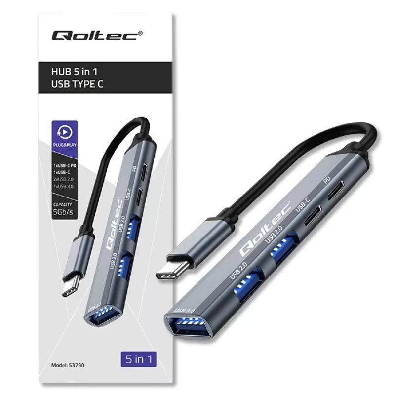 Qoltec 53790 Hub Adaptador USB-C 3.1 5in1 | USB-C PD | USB-C | 2x USB 2.0 | USB 3.0