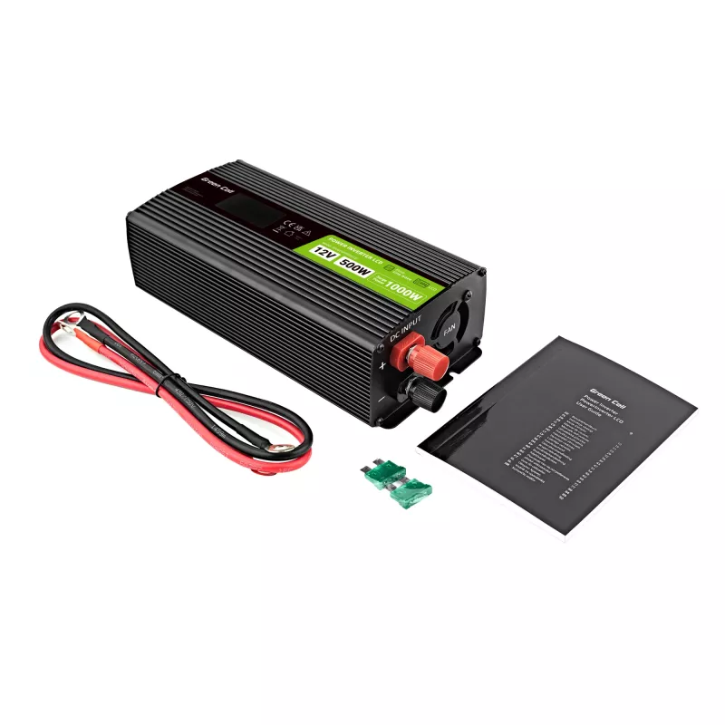 Convertidor de tensión Green Cell PowerInverter LCD 12 V 500W/1000W inversor de coche con pantalla – inversor/adaptador con onda sinusoidal pura coche negro