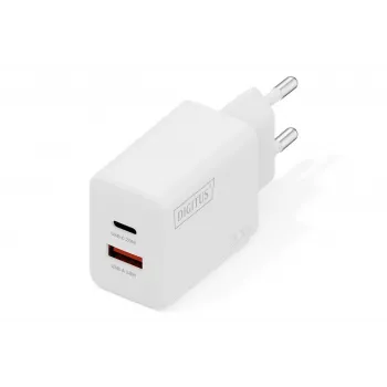 Cargador USB de pared DIGITUS 20W, 1x USB-C, 1x USB-A, entrada 100–240V, blanco