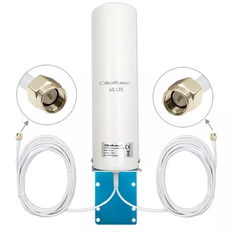 Antena exterior omnidireccional 4G LTE QOLTEC 57044, 5 dBi, 600–2700 MHz, 50 W, 50 Ω, carcasa de cobre blanca
