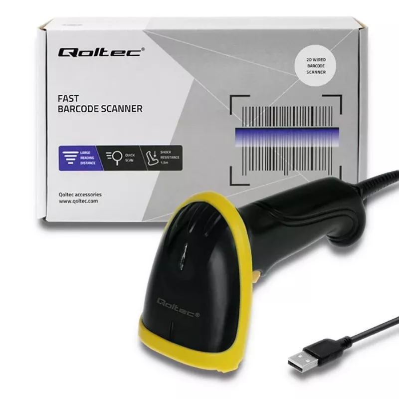 Qoltec 50867 lector láser de códigos de barras 1D/2D, USB, negro