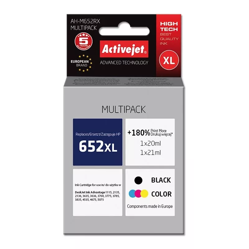 Tinta Activejet AH-M652RX (compatible con HP 652 F6V25AE/F6V24AE; Premium; 1 x 20 ml, 1 x 21 ml; negro, color)