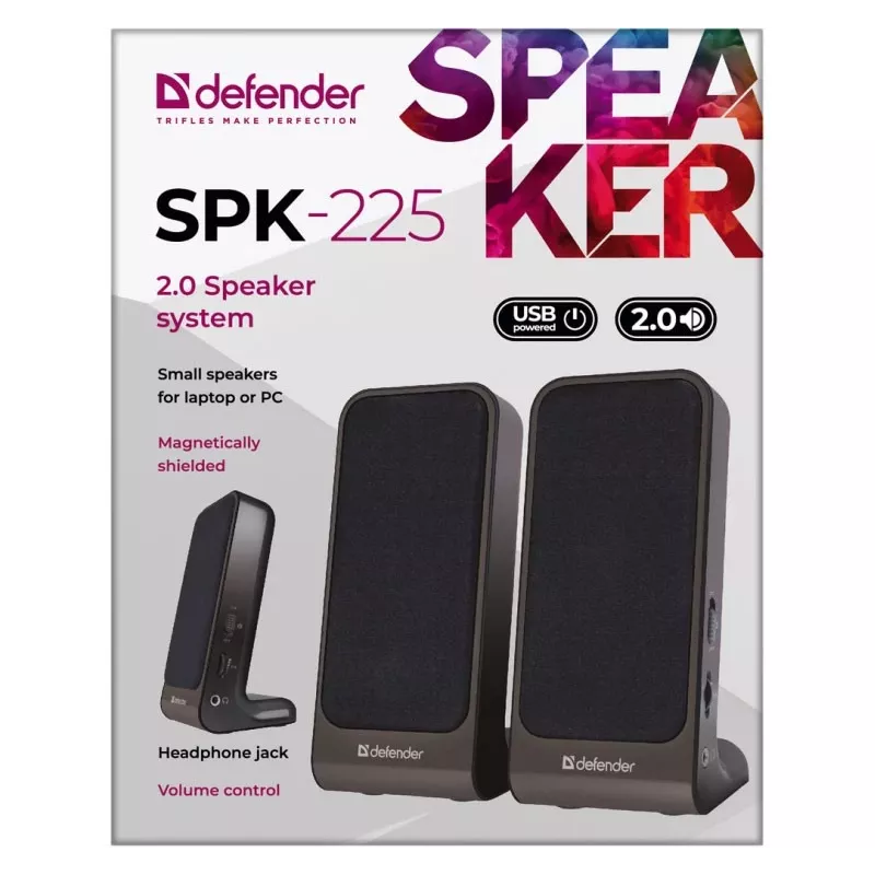 Altavoces DEFENDER SPK-225 2.0 con cable, 4 W RMS, USB/DC 5 V, 3,5 mm, negro