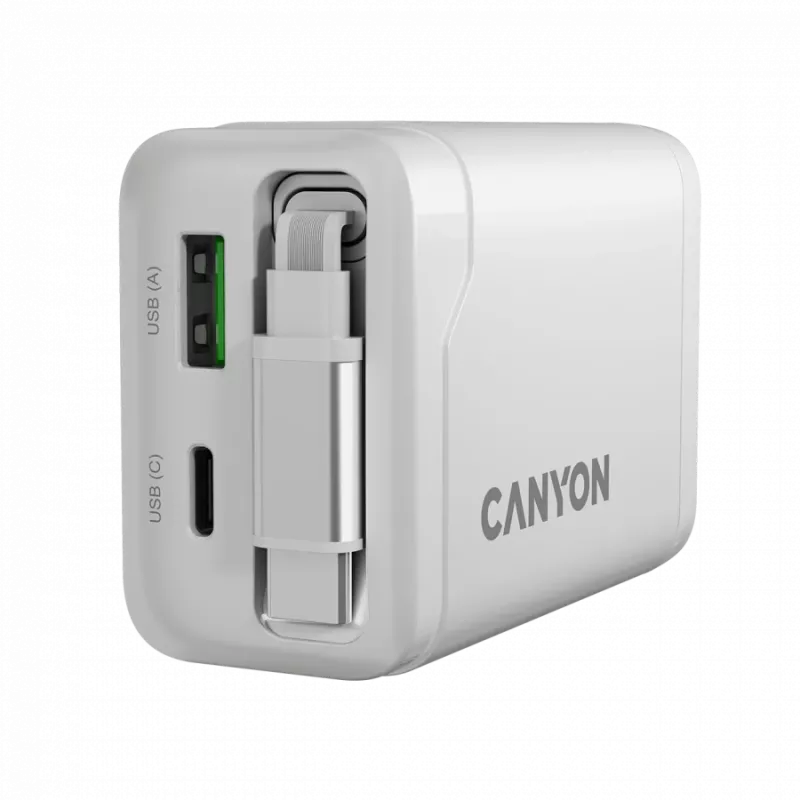 Cargador CANYON OnCharge 65RC con cable USB-C integrado 65W, 1x PD, 1x QC, enchufe EU, blanco