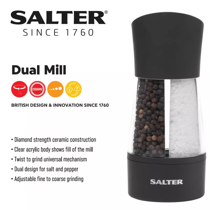 Molino de sal mecánico Salter 7612 BKXRAUP acero inoxidable con molienda ajustable