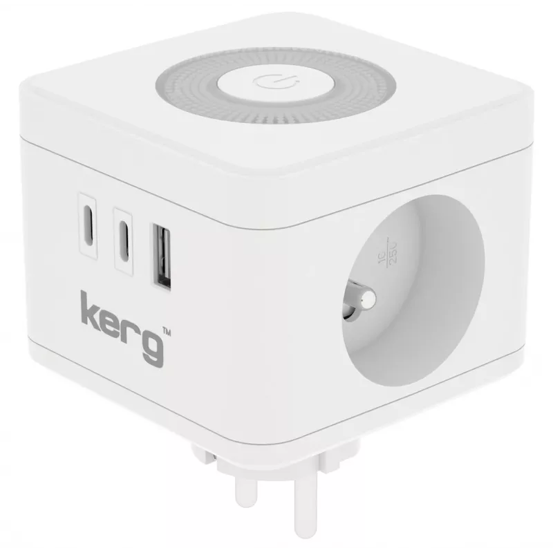 Regleta de enchufes Kerg M02730 — 2 tomas tipo F, 3 puertos USB (USB-A + USB-C), 16 A 250 V~, cable 1,5 m, blanco