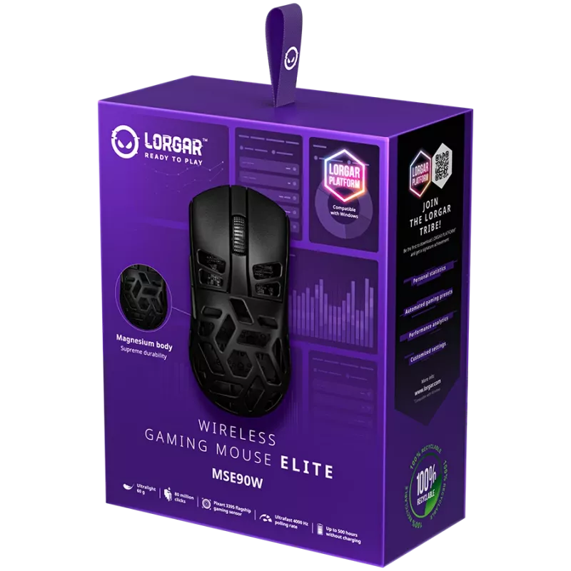 LORGAR MSE90W, aleación de magnesio ratón gaming inalámbrico Elite, negro
