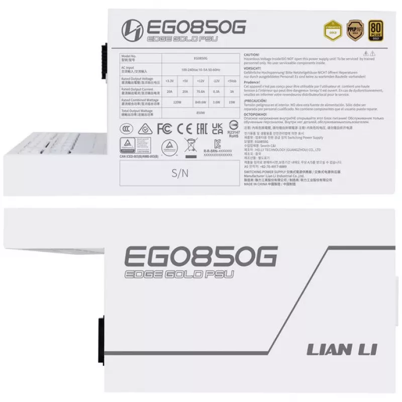 Fuente de alimentación Lian Li EDGE GOLD 850 80 PLUS Gold, PCIe 5.1, ATX 3.1 - 850 vatios, blanca