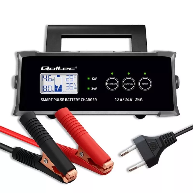 Cargador de baterías QOLTEC 52514 — 12V/24V, 25A, para baterías AGM/GEL/SLA con pantalla LCD