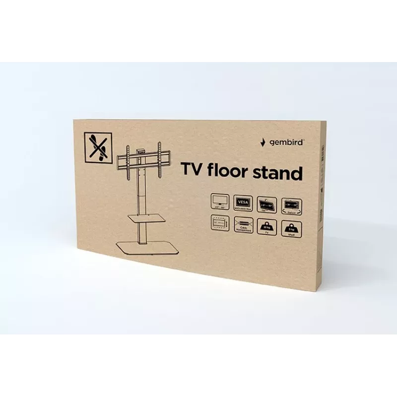 Soporte de TV de suelo GEMBIRD TVS-86ST-01 para televisores de 43–86 pulgadas, negro, base de vidrio templado, VESA 100x100–600x400, máx. 60 kg